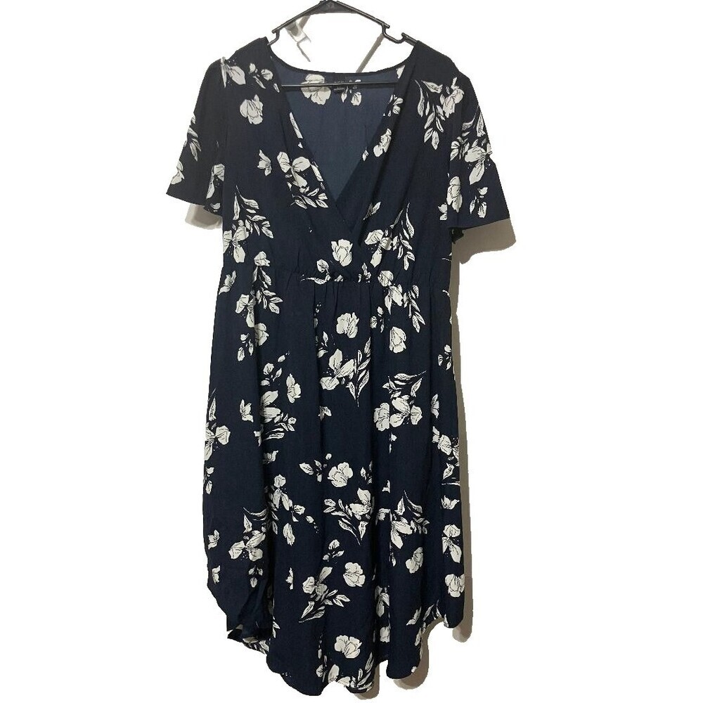 Shein Curve Midi Dress‎ Faux Wrap V-Neck Floral Print Navy Blue Romantic 1X